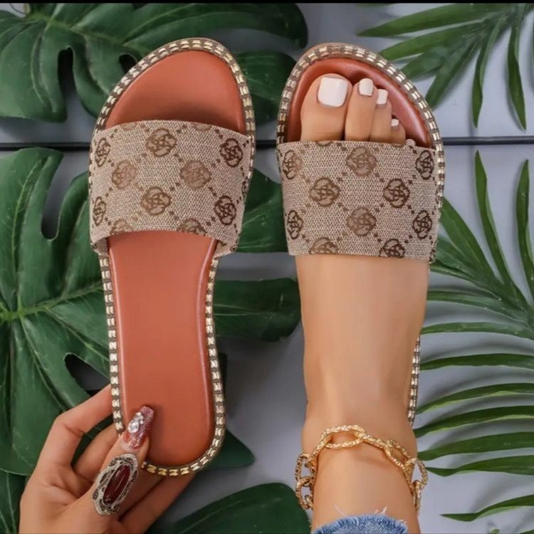 Summer Flower Print Flat Sandals For Women Non-slip Slides Slippers Vacation Casual Beach Shoes Sandales Plates d´ete Geldbörse & Co Khaki Größe 36 