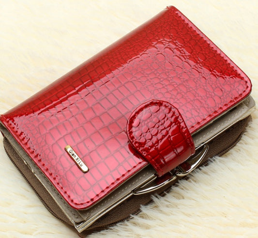 Geldbörse Damen Leder/Mode Echtes lackleder Frauen Kurze Brieftaschen mit Box Portemonnaie Geldbörse & Co Rot  