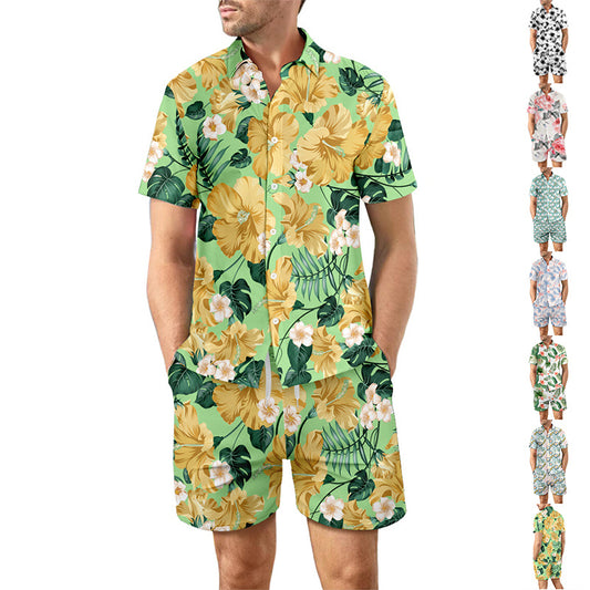 Chemise de plage imprimée 2 pièces, costume d'été ample avec bouton à revers et poches à cordon, shorts décontractés à manches courtes pour hommes